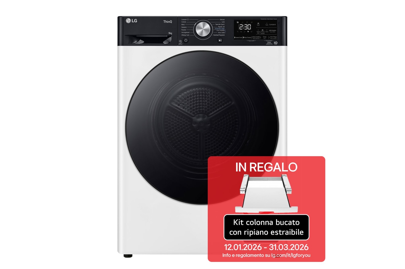 Foto frontale dell'asciugatrice LG RH90V9LVEN con kit colonna bucato in regalo